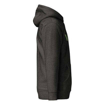 Unisex Premium Hoodie in Dunkelgrau, Seitenansicht, Kapuze, Kängurutasche, schlichtes Design