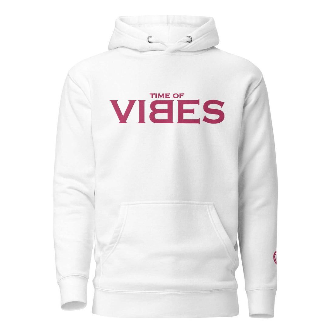 Weißer Unisex Hoodie mit Aufschrift TIME OF VIBES in Rot, Frontansicht, Modeartikel