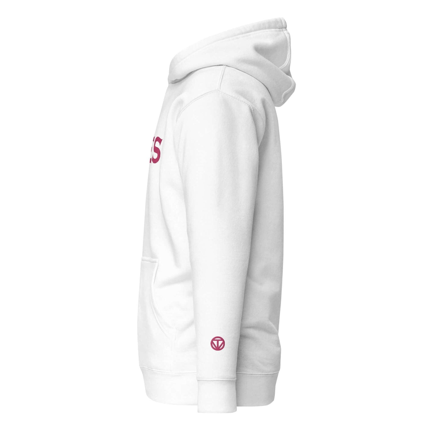Unisex Premium Hoodie Weiß Seitenansicht, Kängurutasche, rote Logo-Details, minimalistisch