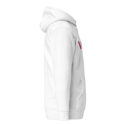Unisex Premium Hoodie weiß, Seitenansicht, Kapuze, Kängurutasche, minimalistisch