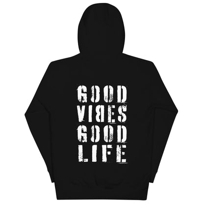 Rückseite eines schwarzen CREWILD Hoodies mit weißem &