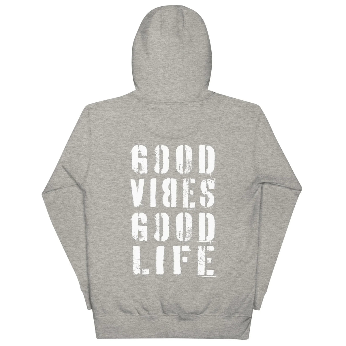 Rückseite eines grauen CREWILD Hoodies mit weißem Aufdruck GOOD VIBES GOOD LIFE