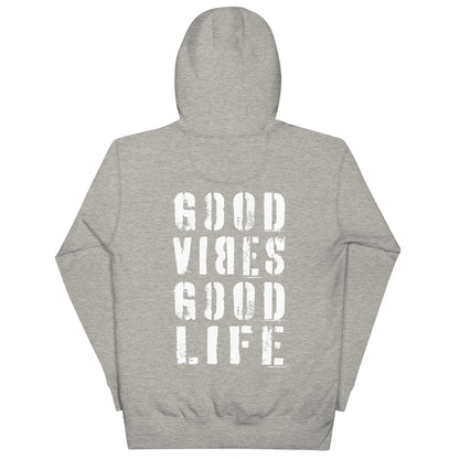 Rückseite eines grauen CREWILD Hoodies mit weißem Aufdruck GOOD VIBES GOOD LIFE