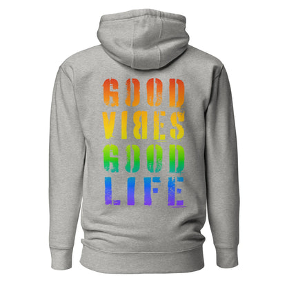 Rückseite eines grauen Time Of Vibes Hoodies mit regenbogenfarbenem „GOOD VIBES GOOD LIFE“ Print.