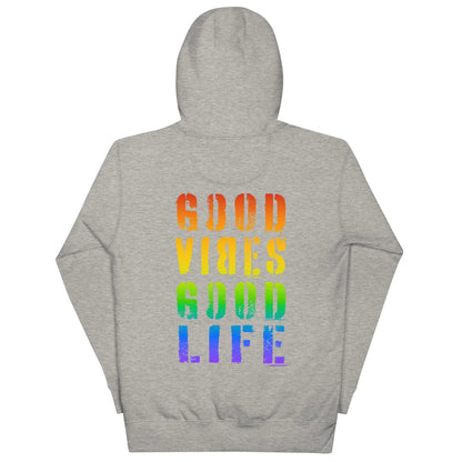Rückseite eines grauen Time Of Vibes Unisex Hoodies mit Regenbogen-Aufdruck GOOD VIBES GOOD LIFE