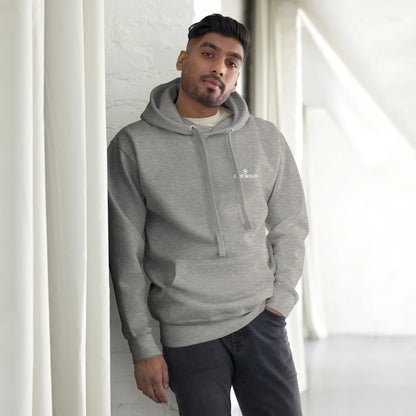 Mann in einem grauen CREWILD Hoodie – GOOD-VIBES Unisex Modell