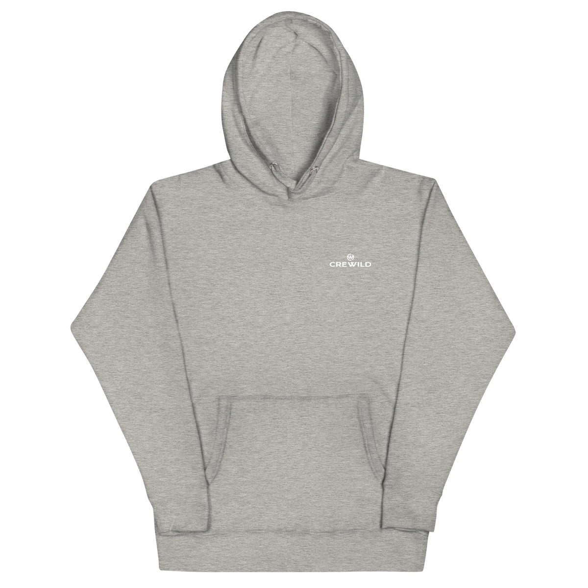 Grauer Unisex Hoodie von CREWILD mit kleinem Logo auf der Brust und Kängurutasche.