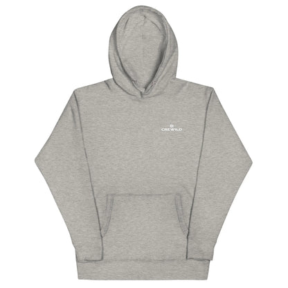Grauer Unisex Hoodie von CREWILD mit kleinem Logo auf der Brust und Kängurutasche.