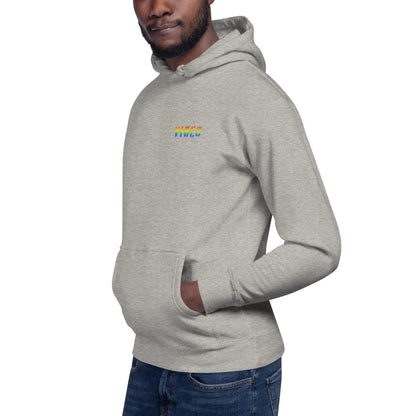 Mann trägt grauen CREWILD Hoodie von Time Of Vibes mit Regenbogen-Schriftzug.