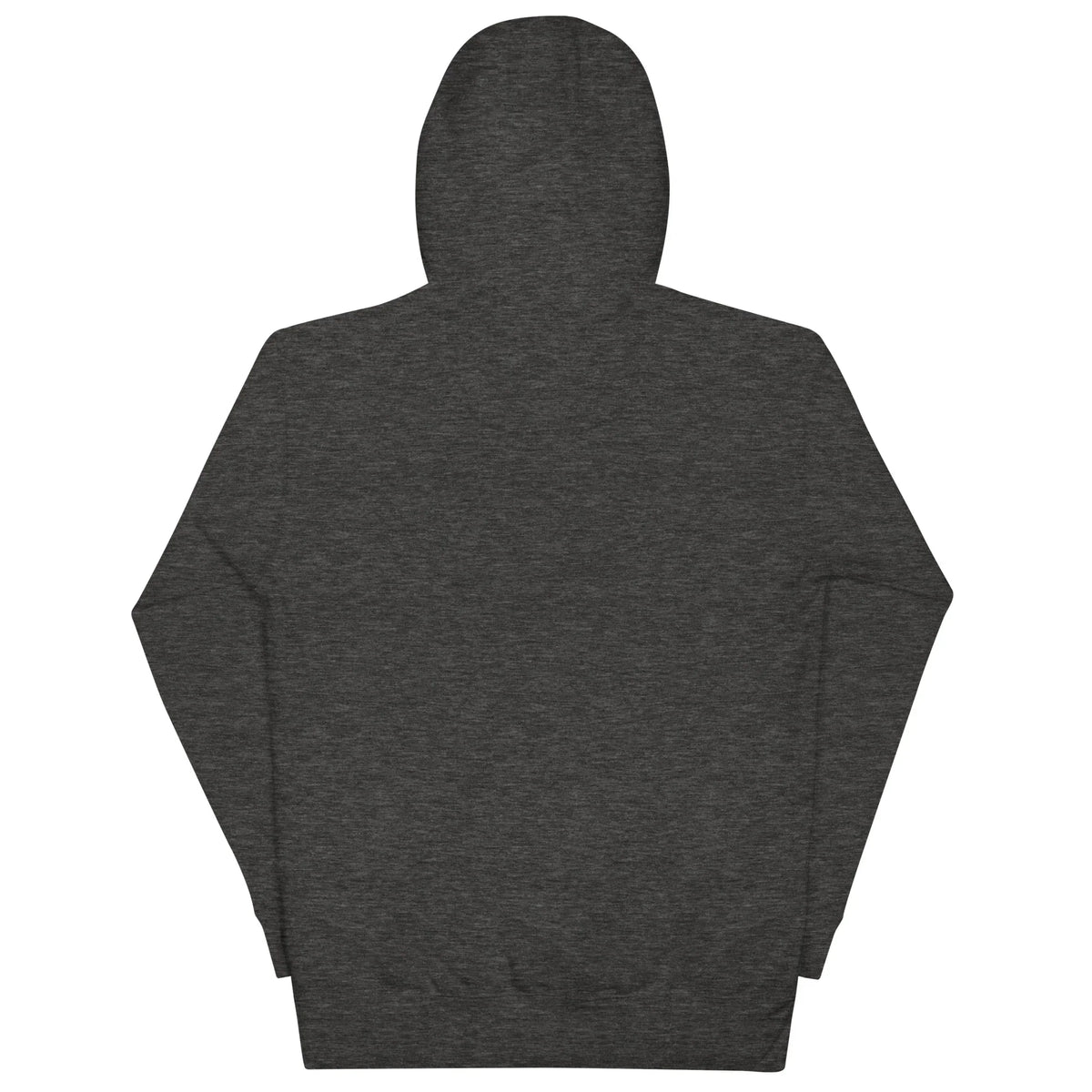 Rückseite eines dunkelgrauen Hoodies ohne Aufdruck