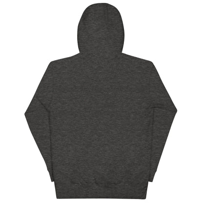 Rückseite eines dunkelgrauen Hoodies ohne Aufdruck