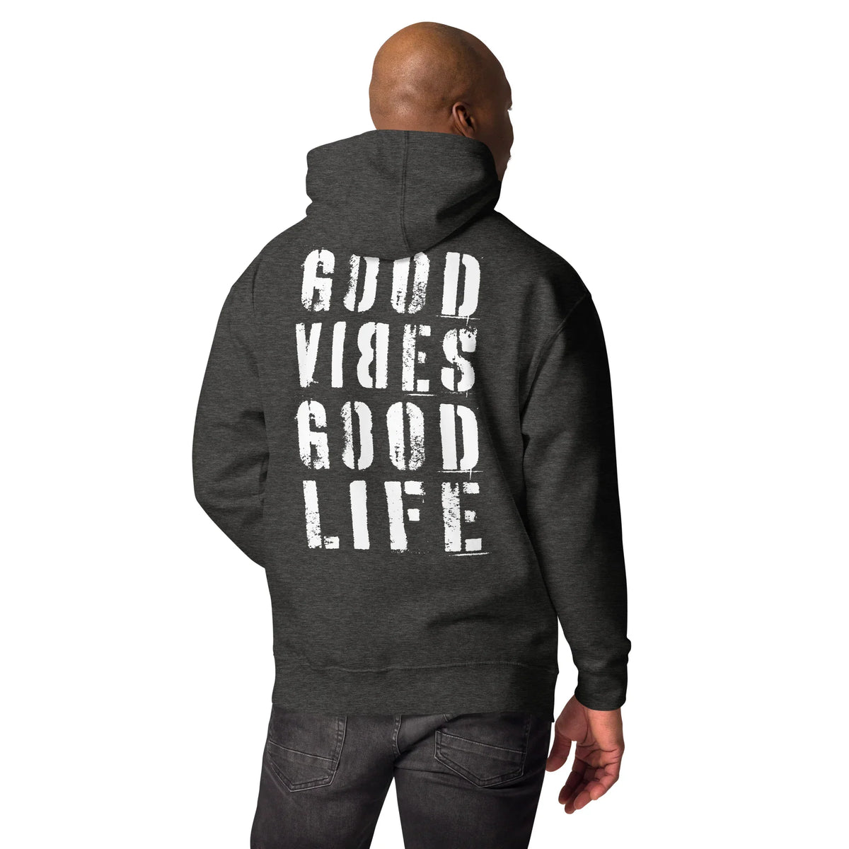 Rückseite eines dunkelgrauen CREWILD Unisex Hoodies mit weißem Aufdruck GOOD VIBES GOOD LIFE