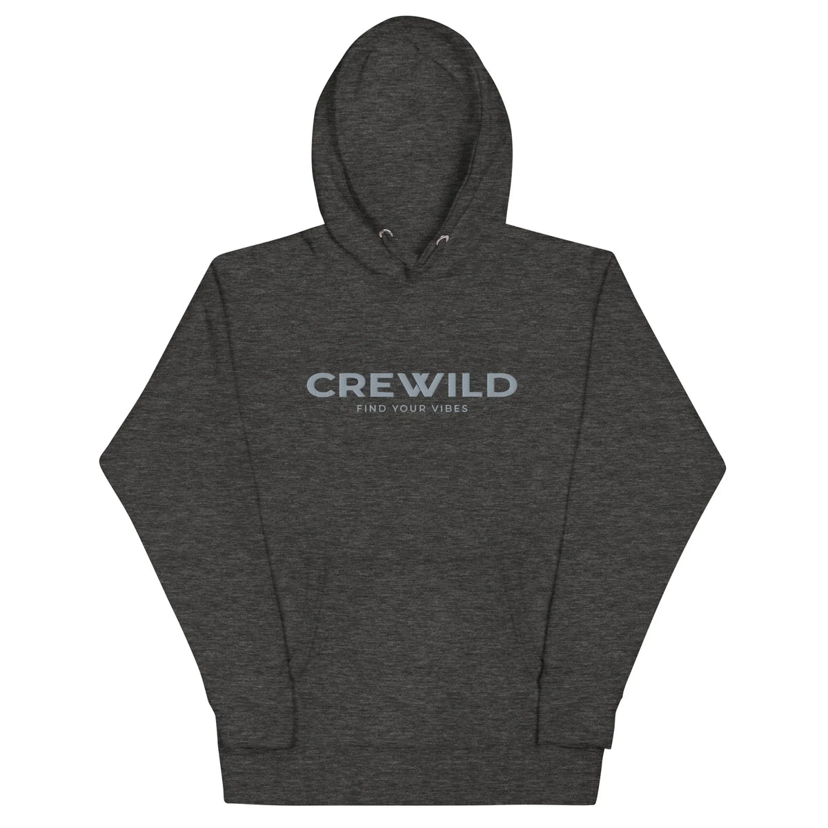 Dunkelgrauer Hoodie mit dem Aufdruck CREWILD und FIND YOUR VIBES auf der Brust