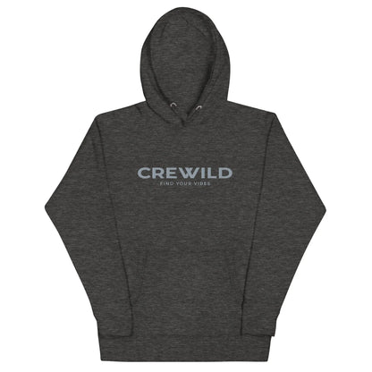 Dunkelgrauer Hoodie mit dem Aufdruck CREWILD und FIND YOUR VIBES auf der Brust