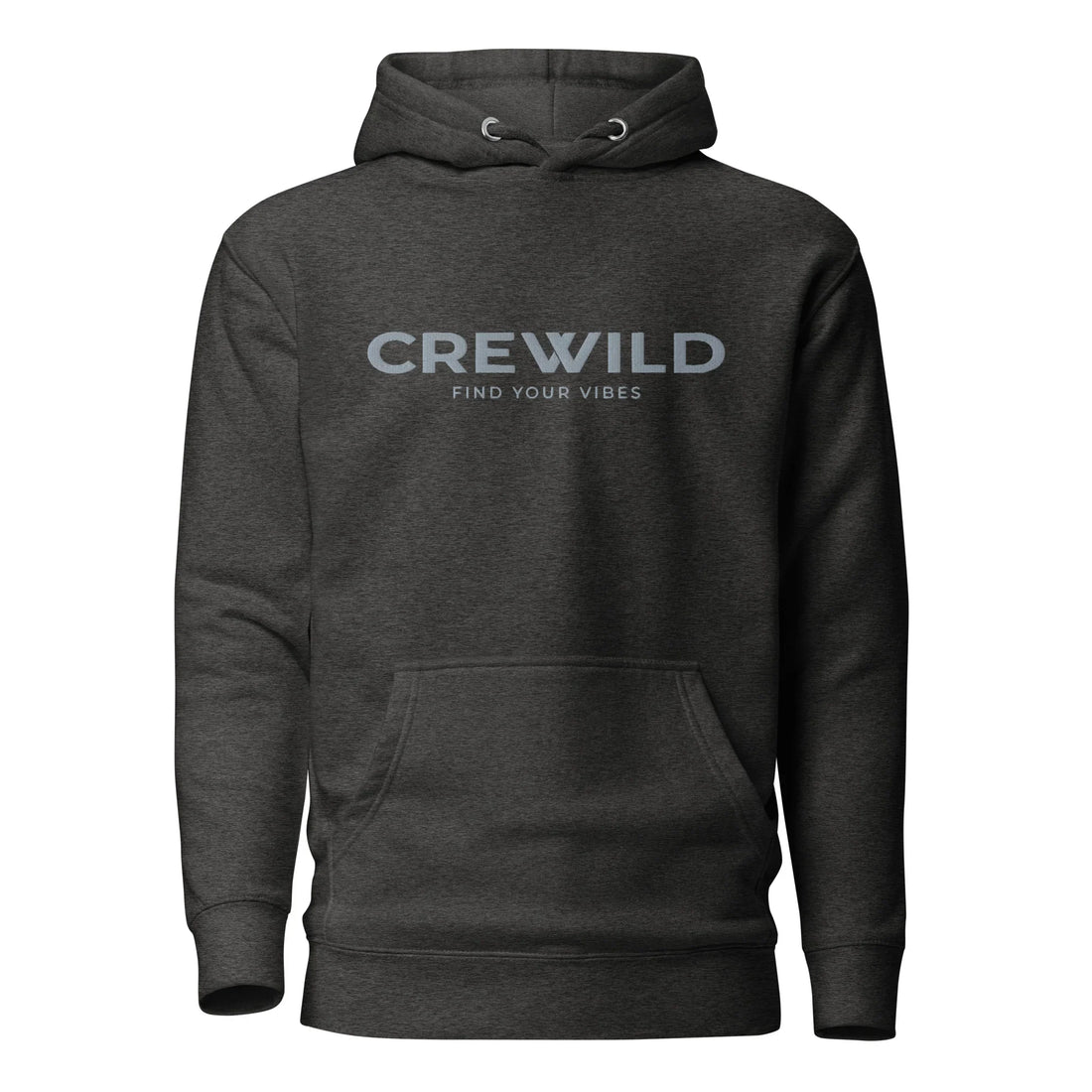 Dunkelgrauer Hoodie mit weißem "CREWILD FIND YOUR VIBES" Aufdruck auf der Brust