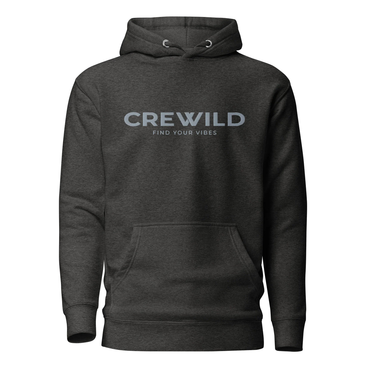 Dunkelgrauer Hoodie mit weißem "CREWILD FIND YOUR VIBES" Aufdruck auf der Brust