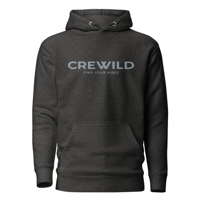 Dunkelgrauer Hoodie mit weißem "CREWILD FIND YOUR VIBES" Aufdruck auf der Brust