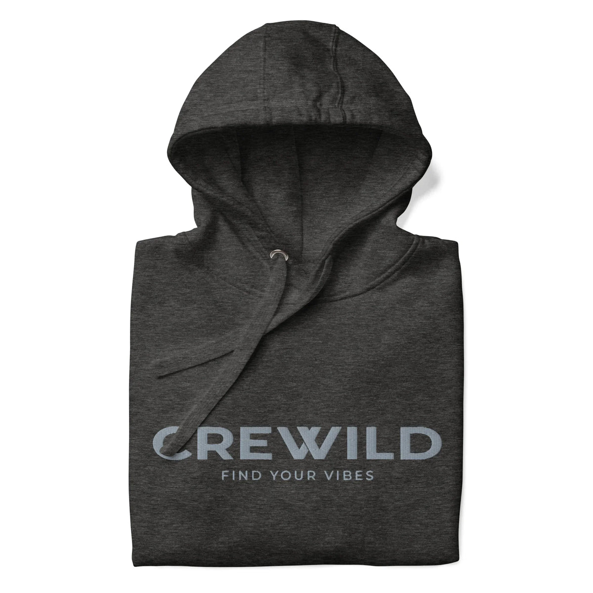 Dunkelgrauer Hoodie mit dem Aufdruck „CREWILD FIND YOUR VIBES“ auf weißem Hintergrund.