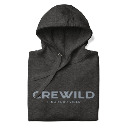 Dunkelgrauer Hoodie mit dem Aufdruck „CREWILD FIND YOUR VIBES“ auf weißem Hintergrund.
