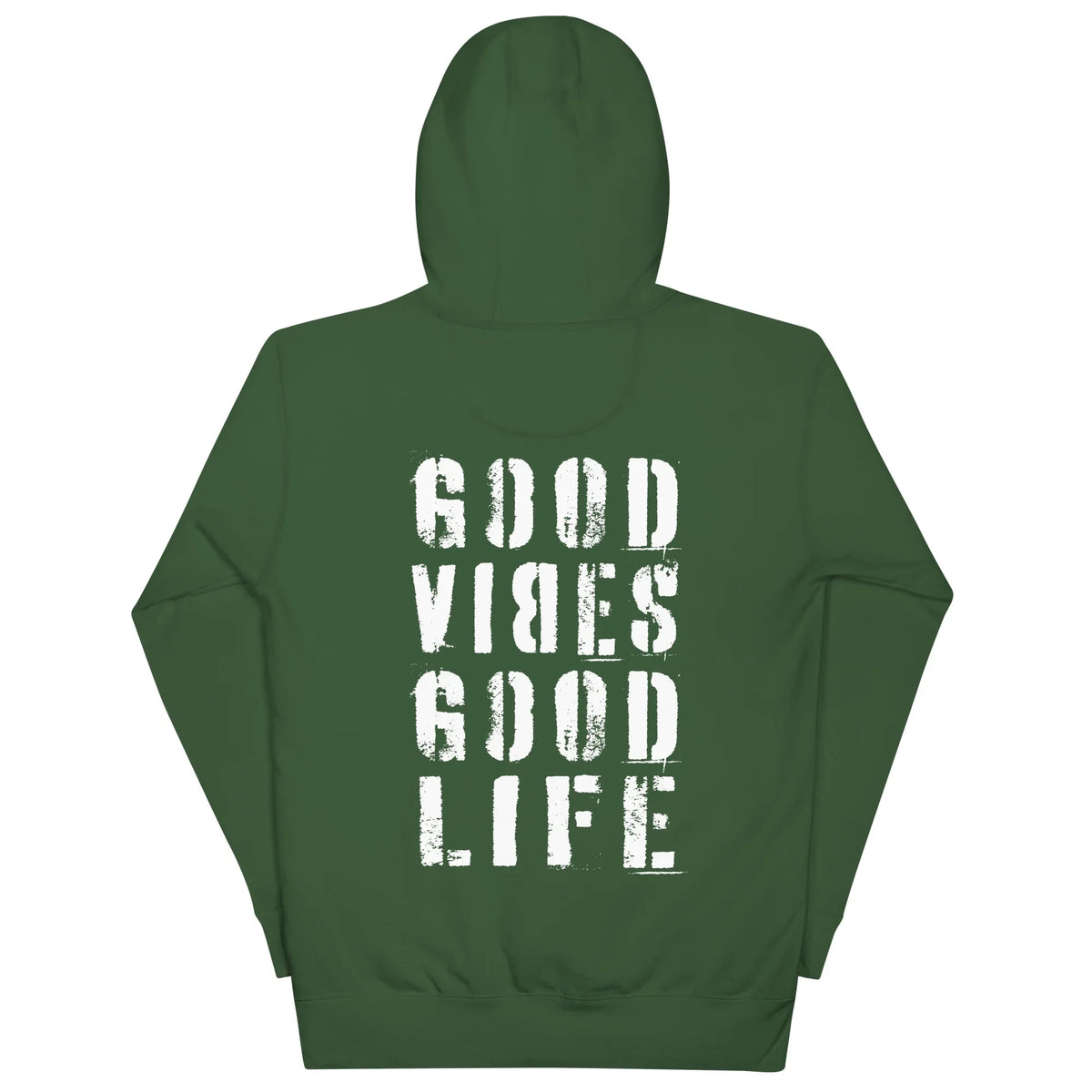 Rückseite eines dunkelgrünen CREWILD Unisex Hoodies mit weißem &