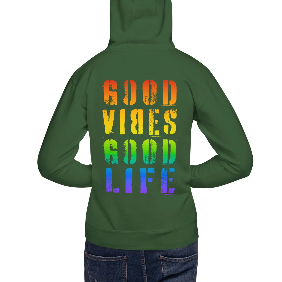 Rückenansicht eines grünen CREWILD Hoodies mit Regenbogen-Print &