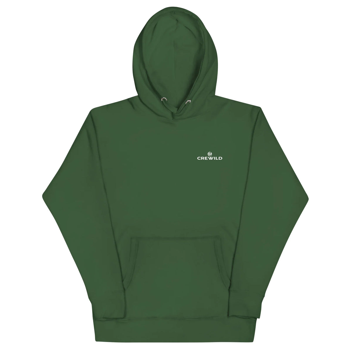 Dunkelgrüner CREWILD Unisex Hoodie mit Kapuze und weißem Logo-Aufdruck auf der Brust.