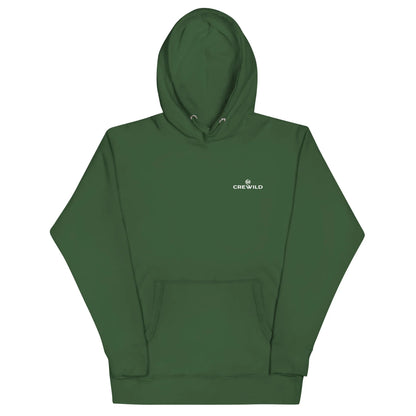 Dunkelgrüner CREWILD Unisex Hoodie mit Kapuze und weißem Logo-Aufdruck auf der Brust.