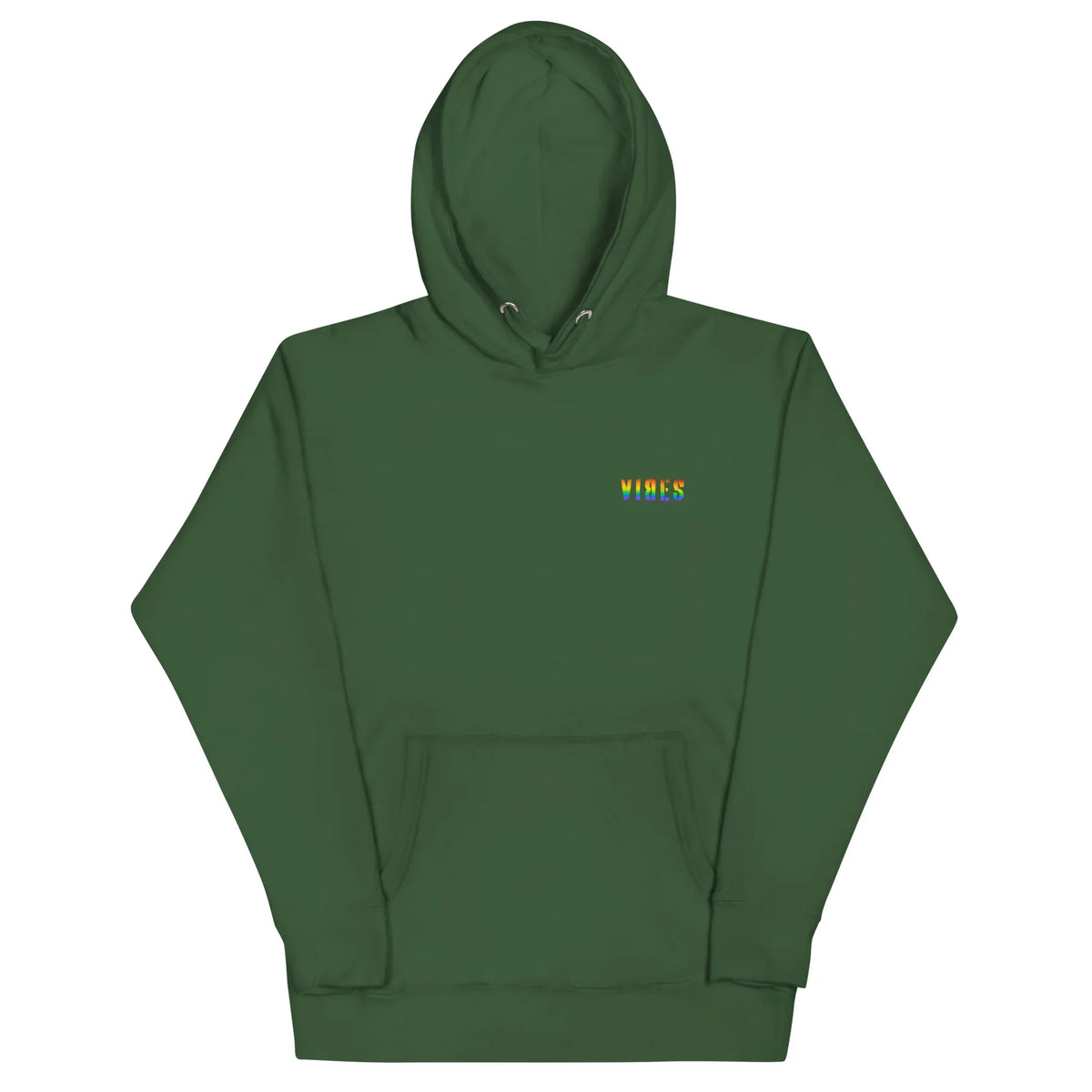 Dunkelgrüner Unisex Hoodie von Time Of Vibes mit regenbogenfarbenem VIBES-Schriftzug
