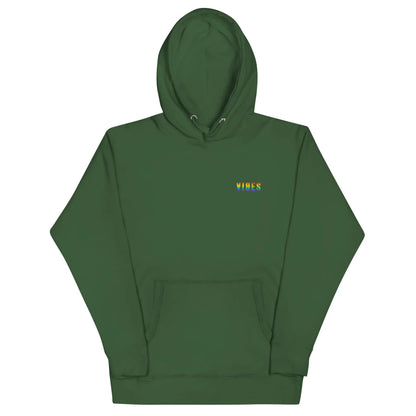 Dunkelgrüner Unisex Hoodie von Time Of Vibes mit regenbogenfarbenem VIBES-Schriftzug