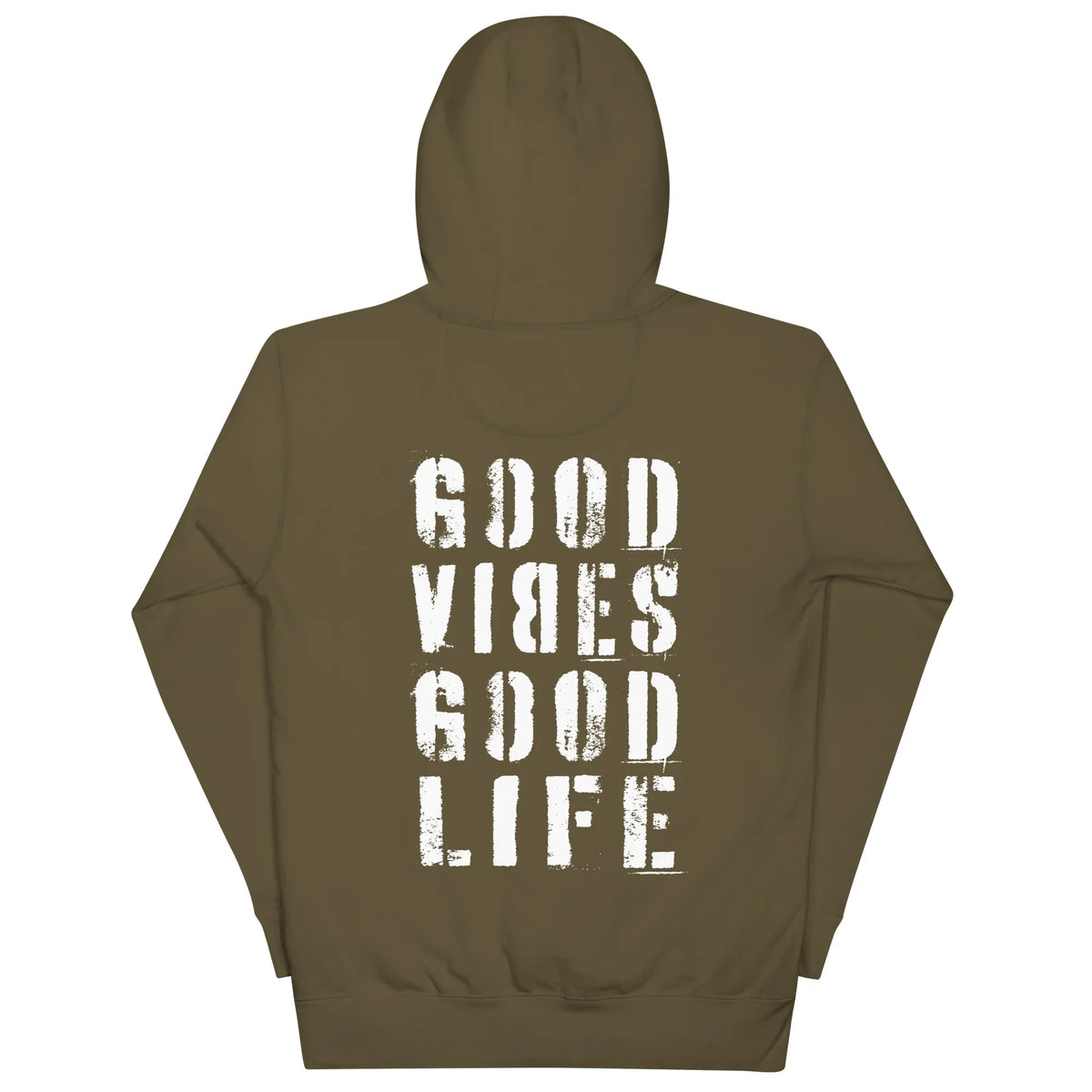 Rückansicht eines olivgrünen CREWILD Hoodies mit weißem Aufdruck &