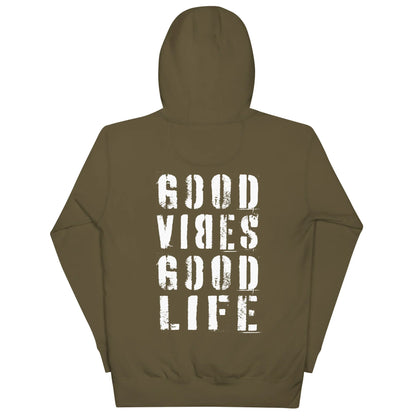 Rückansicht eines olivgrünen CREWILD Hoodies mit weißem Aufdruck &