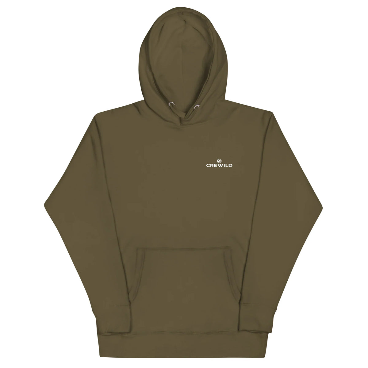 Olivgrüner Unisex-Hoodie von CREWILD mit kleinem Logo auf der Brust