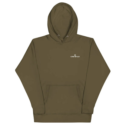 Olivgrüner Unisex-Hoodie von CREWILD mit kleinem Logo auf der Brust