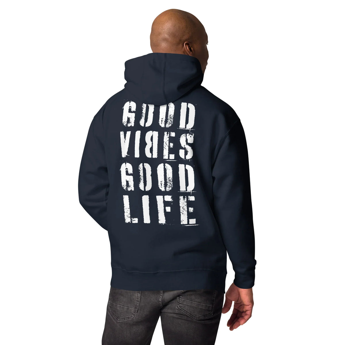 Rückansicht eines dunkelblauen CREWILD Hoodies mit weißem &