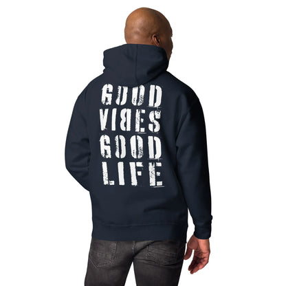 Rückansicht eines dunkelblauen CREWILD Hoodies mit weißem &