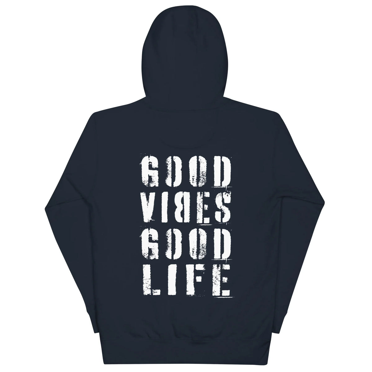 Rückseite eines dunkelblauen CREWILD Unisex Hoodies mit weißem &