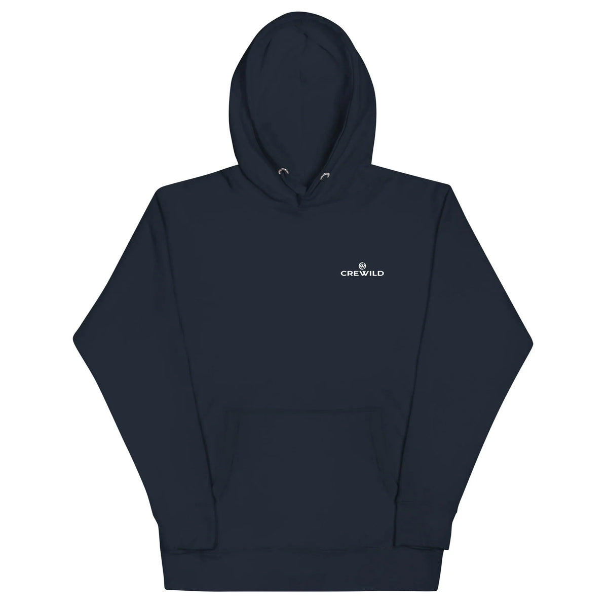 Dunkelblauer CREWILD Unisex Hoodie mit weißem Logo-Aufdruck auf der Brust.