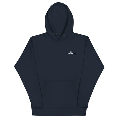 Dunkelblauer CREWILD Unisex Hoodie mit weißem Logo-Aufdruck auf der Brust.