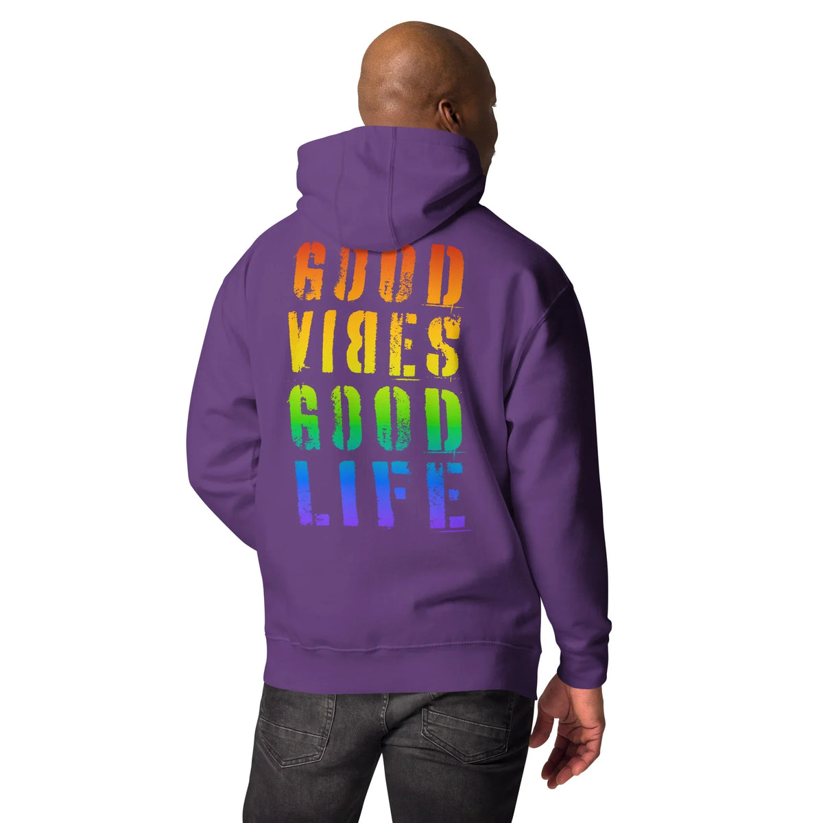 Rückansicht eines lila Time Of Vibes Hoodies mit Regenbogen-Aufdruck &