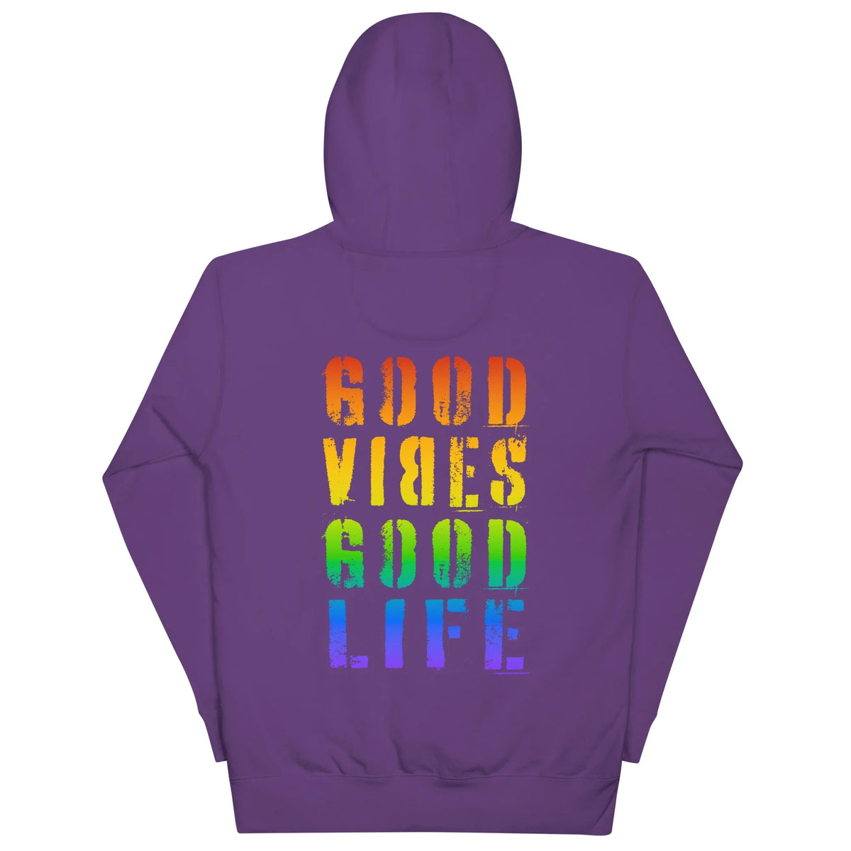 Lila Time Of Vibes Unisex-Hoodie mit regenbogenfarbenem GOOD VIBES GOOD LIFE Aufdruck auf der Rückseite