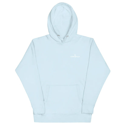 Hellblauer Unisex CREWILD Hoodie mit weißem Logo-Print auf der Brust