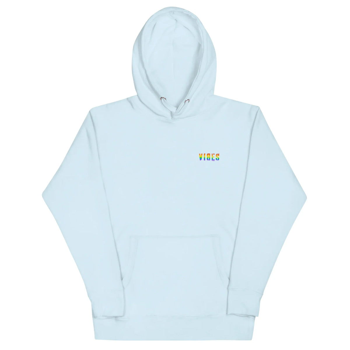 Hellblauer Unisex CREWILD Hoodie von Time Of Vibes mit Regenbogen-Schriftzug VIBES auf der Brust