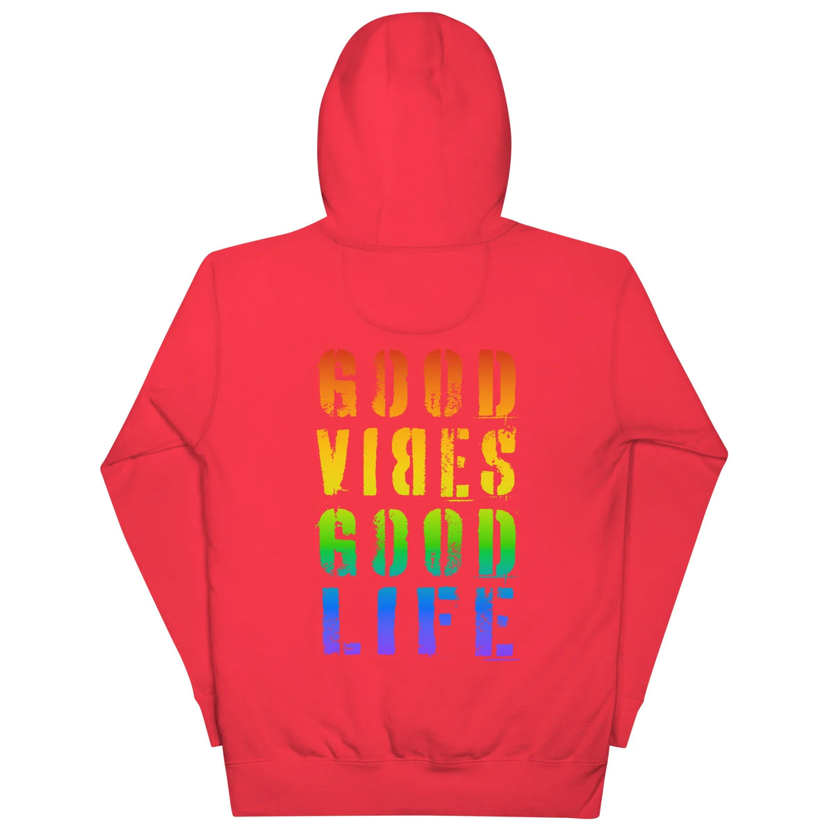 Rückseite eines roten CREWILD Hoodies mit regenbogenfarbenem &