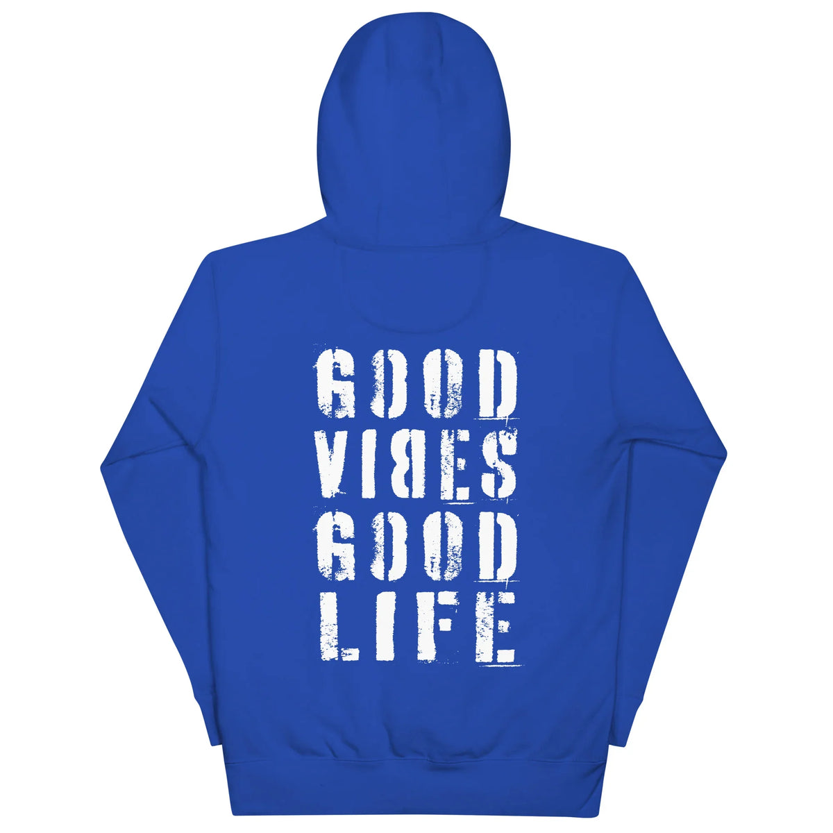 Rückseite eines blauen CREWILD Hoodies mit weißem &