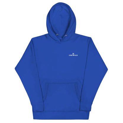 Blauer Unisex Hoodie von CREWILD mit kleinem weißen Logo auf der Brust