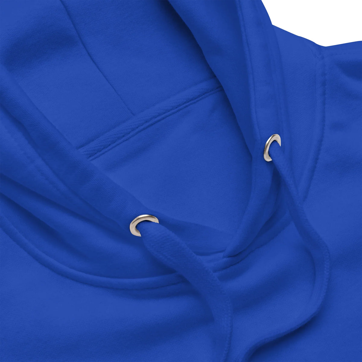Nahaufnahme der Kapuze und Kordelzüge eines blauen Time Of Vibes Hoodies