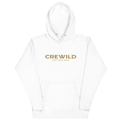 Weißer Hoodie mit goldfarbenem CREWILD Schriftzug und Slogan FIND YOUR VIBES