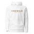 Weißer Hoodie mit goldenem CREWILD-Aufdruck und dem Slogan FIND YOUR VIBES