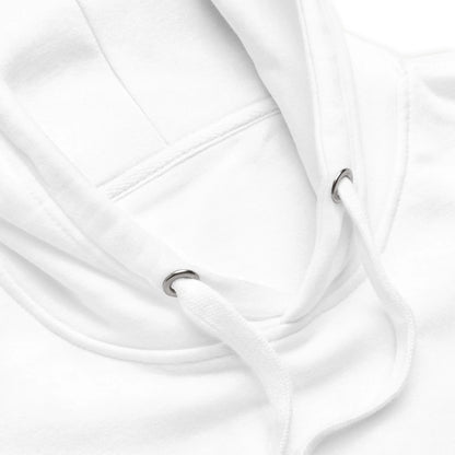Nahaufnahme der Kapuze eines weißen Hoodies mit Kordelzug und Metallösen