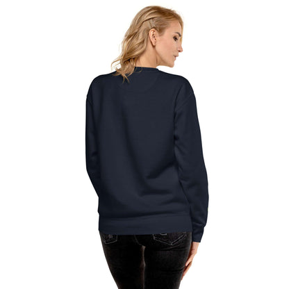 Frau trägt navyblauen Unisex Premium Sweatshirt, Rückansicht, lässige Mode, Studioaufnahme
